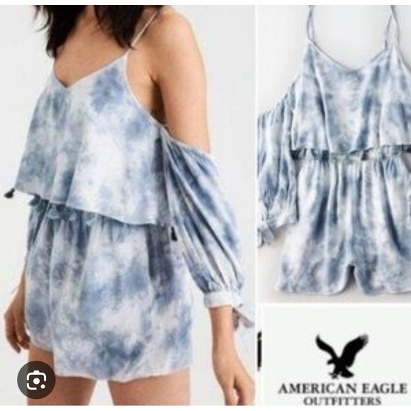 American Eagle Outfitters Pants - American Eagle Grey Tie Dye, Cold Shoulder Tasseled Romper w/Pockets Small Short